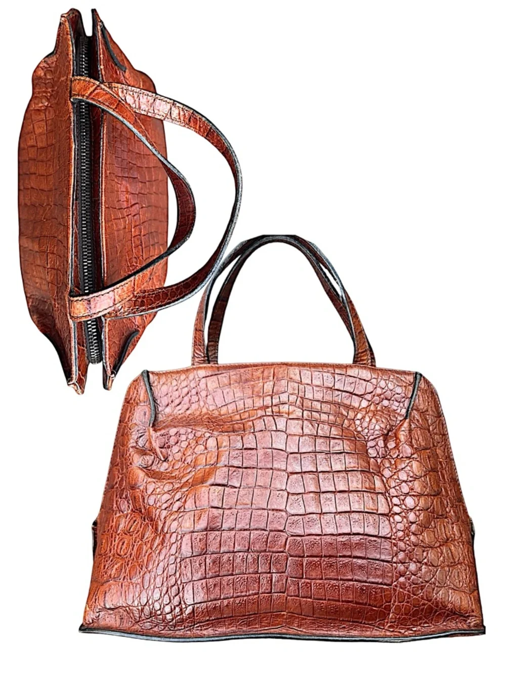 HIROFU 162 Brown Croc Embossed Leather Shoulder Bag Vintage Italy